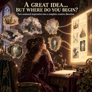 May include: A person in a dark red velvet dress sits at a desk with a board displaying images of a crown, castle, wings, and dragon. Text reads: A GREAT IDEA... BUT WHERE DO YOU BEGIN? Turn scattered inspiration into a complete creative direction.