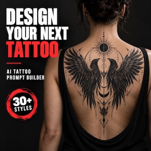 Puede incluir: Un diseño de tatuaje en tinta negra sobre una espalda con dos cuervos simétricos con alas extendidas, un sol central, líneas geométricas y una luna creciente. Texto: DESIGN YOUR NEXT TATTOO, AI TATTOO PROMPT BUILDER, 30+ STYLES.