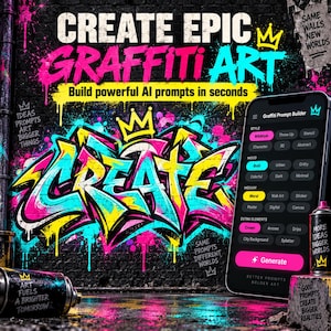 Może przedstawiać: Cyfrowy interfejs na ekranie smartfona o nazwie Graffiti Prompt Builder, wyświetlający opcje stylu, nastroju i medium. Tło przedstawia żywe graffiti ze słowem CREATE w neonowych kolorach, puszki z farbą w sprayu oraz tekst.