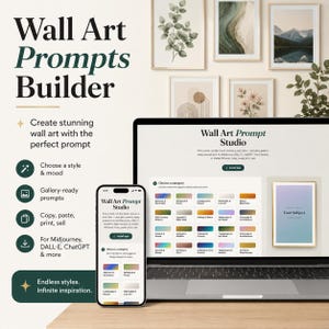 May include: A digital interface for a Wall Art Prompts Builder displayed on a smartphone and a laptop screen. The interface features categories for art styles, including abstract, botanical, and landscape, with text prompts for AI image generators.
