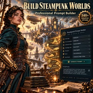 Può includere: Un'interfaccia digitale intitolata Build Steampunk Worlds Professional Prompt Builder con una persona in abiti vittoriani, uno sfondo di città galleggiante e un menu con opzioni per luoghi, personaggi, dirigibili ed elementi narrativi.