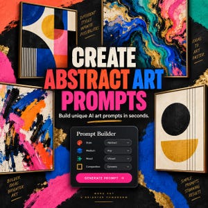 Peut inclure: Un graphique numérique présentant quatre œuvres d'art abstrait encadrées entourant une interface de générateur de prompts. Le texte indique CREATE ABSTRACT ART PROMPTS, Build unique AI art prompts in seconds, avec un bouton GENERATE PROMPT.