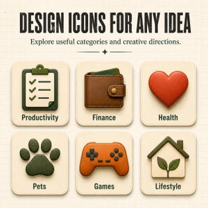 May include: A graphic display featuring the text DESIGN ICONS FOR ANY IDEA and Explore useful categories and creative directions. Six square icons represent Productivity, Finance, Health, Pets, Games, and Lifestyle with symbols.