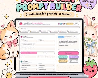 AI Clipart Prompt Builder, Kawaii Art Prompt Generator, Sticker Design & Printable Illustration Tool, Digital Download