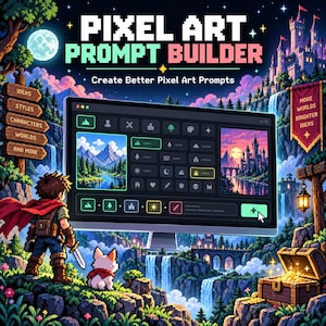 Könnte beinhalten: Eine digitale Benutzeroberfläche mit dem Titel PIXEL ART PROMPT BUILDER mit Symbolen für Landschaften, Charaktere und Objekte. Der Bildschirm zeigt eine Pixel-Art-Szene mit Gebirge und Burg. Eine Figur mit rotem Umhang und ein weißes Wesen.