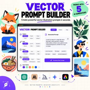 Könnte beinhalten: Eine digitale Benutzeroberfläche namens Vector Prompt Builder mit Auswahlmenüs für Motiv, Stil, Stimmung, Komposition und Farbpalette. Der Bildschirm zeigt ein generiertes Textfeld, fünf KI-Generatorsymbole sowie verschiedene Vektorillustrationen.