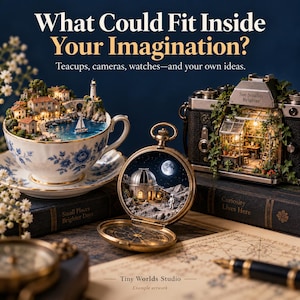 Könnte beinhalten: Eine weiße Teetasse mit blauem Blumenmuster, die ein Miniatur-Küstendorf enthält, eine Taschenuhr aus Messing mit einer Mondsternwarte und eine Vintage-Kamera mit einem Gewächshaus, mit dem Text What Could Fit Inside Your Imagination?