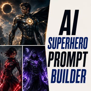 May include: A digital graphic featuring the text AI SUPERHERO PROMPT BUILDER alongside three distinct illustrations of costumed figures: one in black and gold armor with a solar emblem, one in red and black with glowing accents, and one in purple.