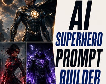 May include: A digital graphic featuring the text AI SUPERHERO PROMPT BUILDER alongside three distinct illustrations of costumed figures: one in black and gold armor with a solar emblem, one in red and black with glowing accents, and one in purple.