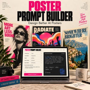 May include: A laptop displaying a Poster Prompt Builder interface, surrounded by three posters with text including More Art Less Boring, Radiate, and Somewhere Brighter, plus a mug with text Good Prompts Better Posters and stacked books.