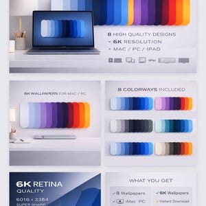May include: A promotional image for a wallpaper pack titled "Color Pills." The design features a laptop displaying a blue gradient, with additional color palettes and product details. Includes text: "8 High Quality Designs - 6K Resolution - Mac/PC/iPad."