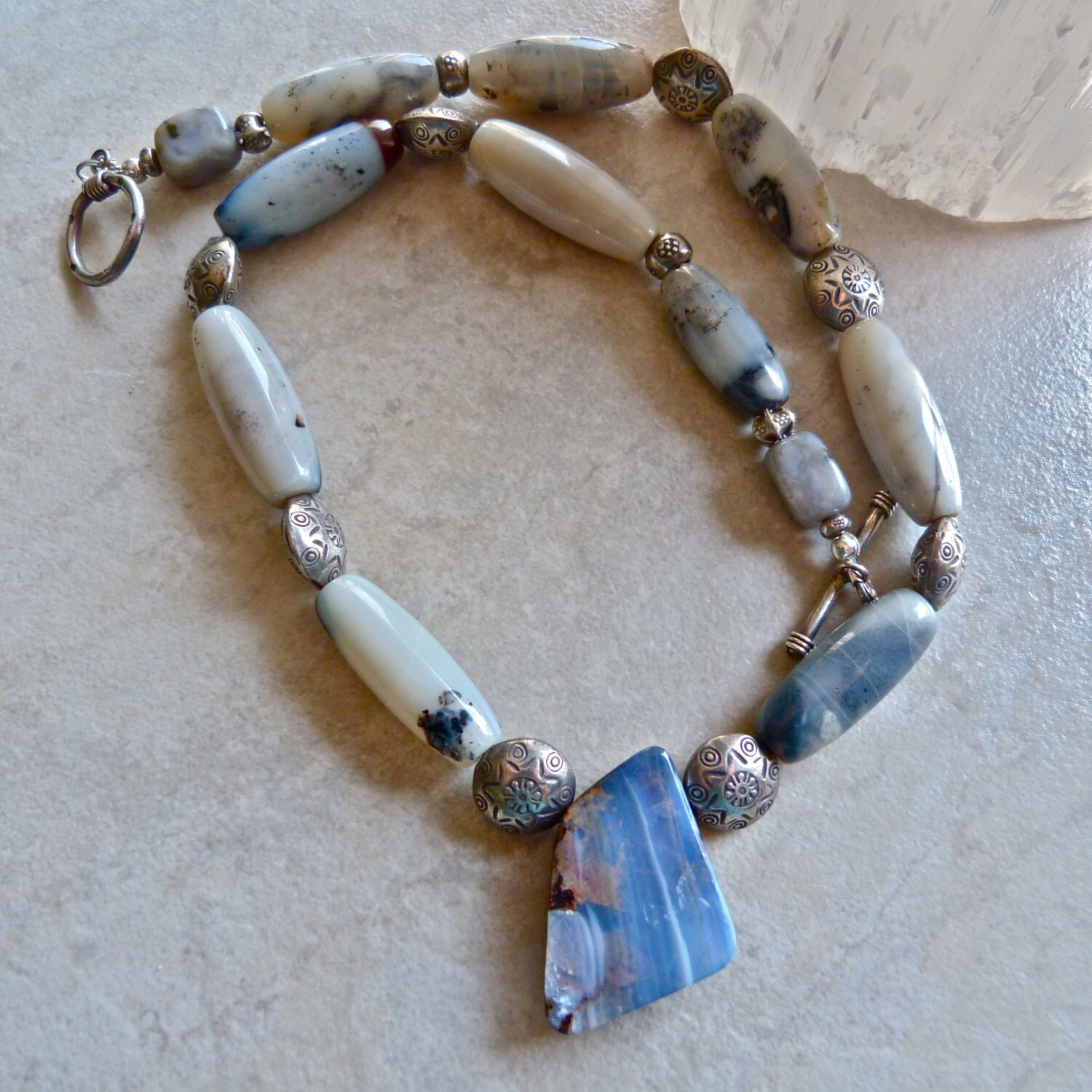 Blue Boulder Opal Pendant and Thai Silver Sunburst Beads Large - Etsy