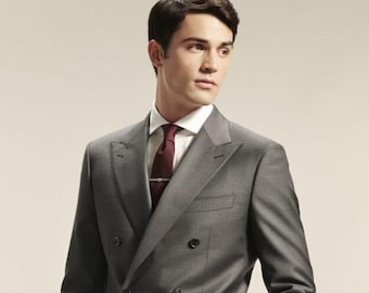 Men's Grey Double Breasted Linen Suit, Formal Business Wedding Groom Outfit