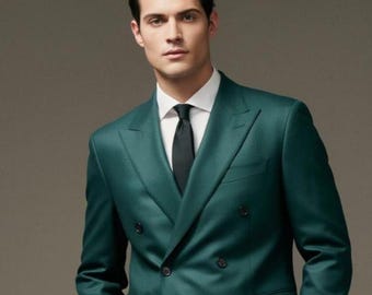 Men's Emerald Green Double Breasted Linen Suit, Groom Wedding Formal Party Outfit
