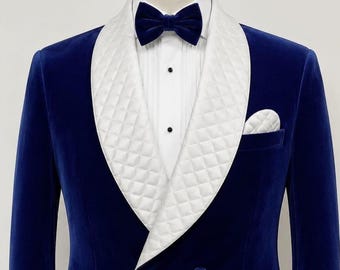 Men's Royal Blue Velvet Tuxedo Jacket, Quilted Shawl Lapel Dinner Blazer