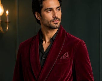 Luxury Burgundy Velvet Smoking Jacket for Men, Velvet Robe with Belt, Classic Shawl Collar Lounge Jacket, Gentleman Evening Wear