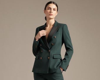 Women's Green Double Breasted Blazer Suit, Modern Tailored Office Wear