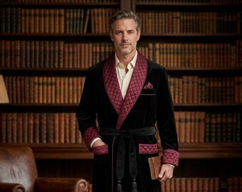 Luxury Black Velvet Smoking Robe for Men, Burgundy Quilted Shawl Collar Dressing Gown, Handmade Gentleman’s Lounge Robe, Classic Evening