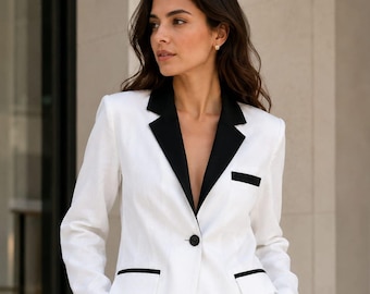 White Women's Pantsuit Set, Black Lapel Blazer, Wide Leg Pants, Formal Office Wear