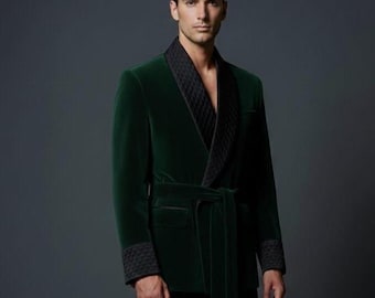 Luxury Emerald Green Velvet Smoking Jacket for Men – Black Quilted Shawl Collar Belted Blazer, Designer Evening Dinner Jacket, Wedding &