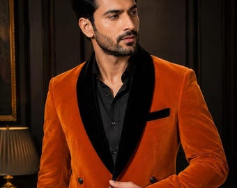 Mens Burnt Orange Velvet Sherwani Coat, Black Shawl Lapel Formal Jacket