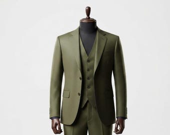 Men's Olive Green 3-Piece Handmade Suit, Slim Fit Wedding Tuxedo Blazer Vest Pants