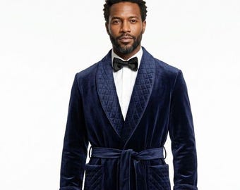 Luxury Navy Blue Velvet Smoking Robe for Men, Quilted Shawl Collar Dressing Gown, Belted Velvet Lounge Robe, Gentleman’s Evening Wear, Gift