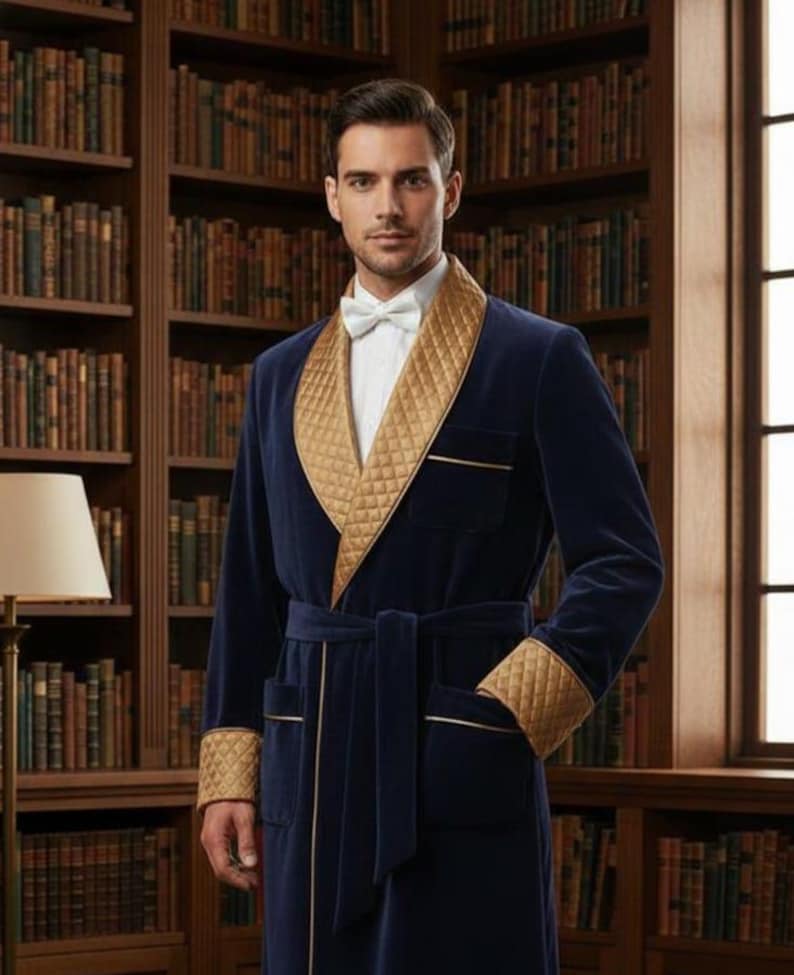 Men's Smoking Robe Luxury Navy Velvet Smoking Robe for Men, Quilted Gold Shawl Collar ...