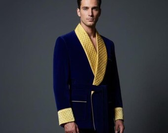 Men's Royal Blue Velvet Smoking Jacket - Luxury Quilted Lapel Dinner Jacket  Elegant Party Wear Robe - Vintage Style Host Coat  Gift for Him