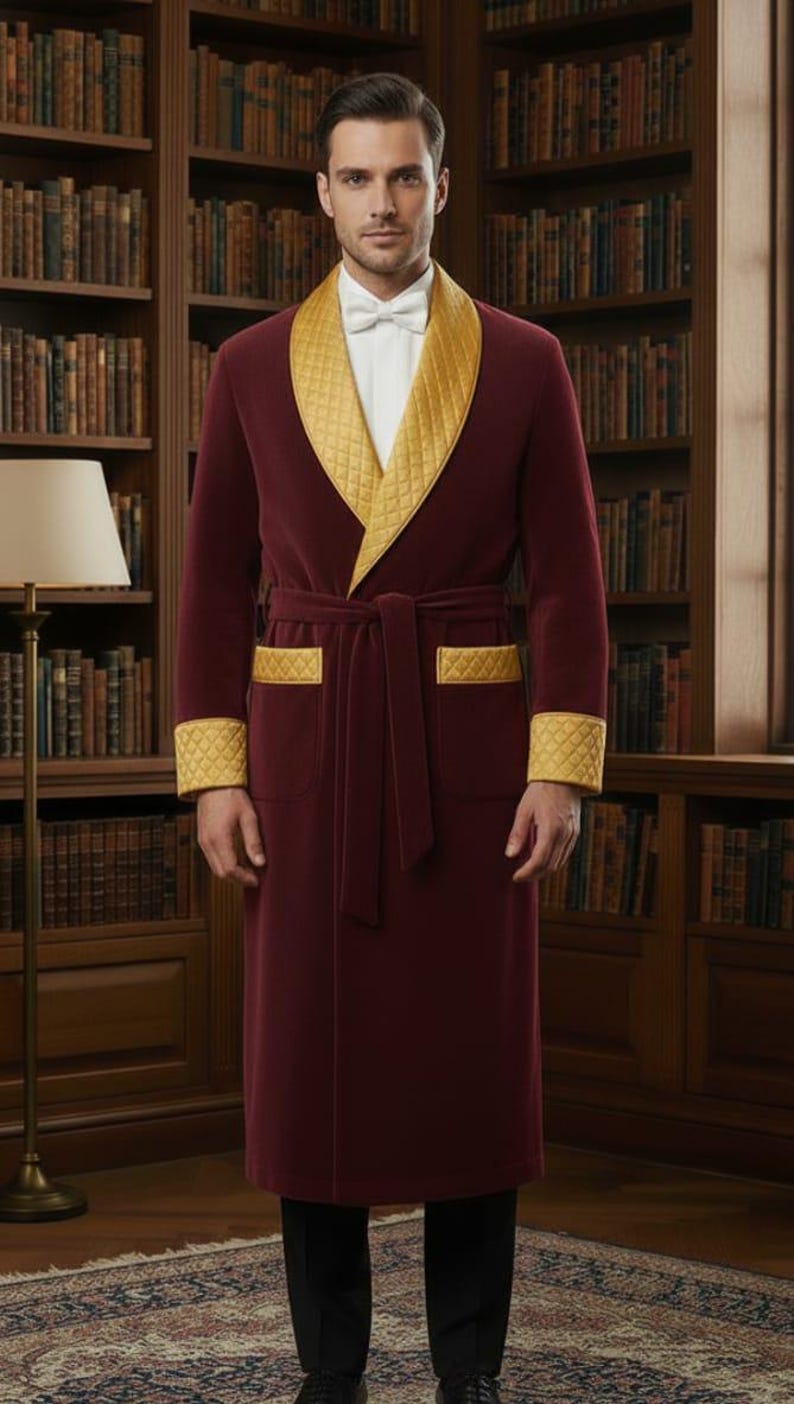 Men's Smoking Robe Burgundy Velvet Smoking Robe for Men – Luxury Quilted Gold Shawl Collar ...