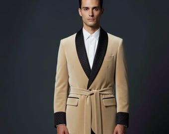 Handmade Beige Tuxedo Jacket - Shawl Collar Belted Blazer