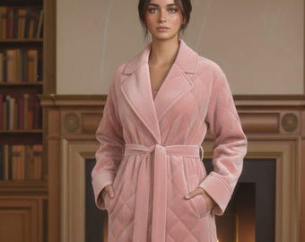 Luxury Blush Pink Quilted Long Coat for Women – Elegant Belted Winter Overcoat, Handmade Classic Trench Style, Warm Formal Outerwear,