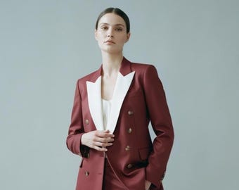 Burgundy Double Breasted Blazer Trouser Suit, Modern Business Attire Pantsuit