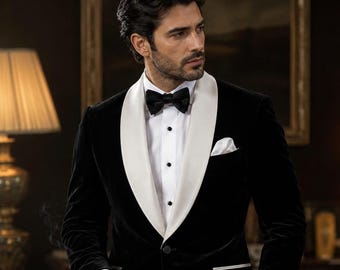 Men's Black Velvet Smoking Jacket, White Satin Shawl Lapel Tuxedo Blazer, Luxury Dinner Jacket, Velvet Wedding Jacket for Groom, Formal