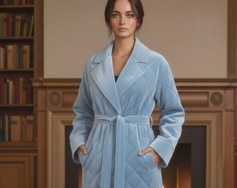 Luxury Powder Blue Quilted Long Coat for Women  Elegant Belted Winter Overcoat, Soft Warm Maxi Jacket with Pockets, Classic Formal Outerwear