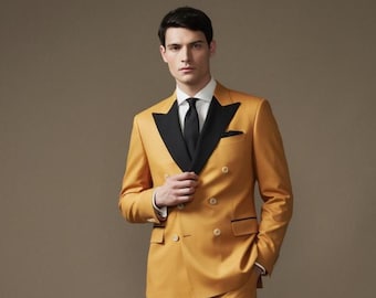 Men's Gold Double Breasted Tuxedo Suit, Black Peak Lapel Wedding Prom Jacket Set
