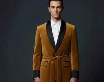 Luxury Mustard Velvet Smoking Jacket for Men – Black Satin Shawl Lapel, Belted Formal Blazer, Wedding & Evening Party Statement Suit Coat