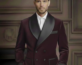 Luxury Burgundy Velvet Smoking Jacket for Men, Black Satin Shawl Lapel Tuxedo Blazer, Slim Fit Formal Wedding & Prom Dinner Jacket