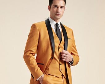 Men's Mustard Gold Tuxedo Suit, Black Shawl Lapel, 3-Piece Formal Blazer Set