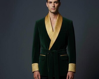 Luxury Emerald Green Velvet Smoking Jacket for Men – Gold Shawl Collar Belted Blazer, Designer Evening Tuxedo Coat, Wedding & Party Wear