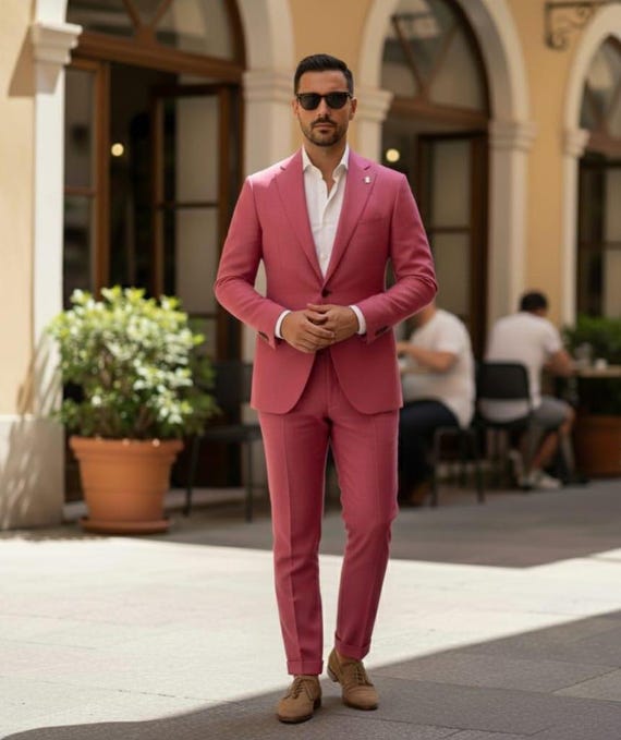 pink dress shirt brown shoes Handmade Rose Linen Suit – Slim Fit Two Piece Wedding Outfit Featuring a spread collar