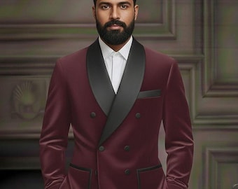 Luxury Burgundy Velvet Smoking Jacket for Men, Black Satin Shawl Lapel Tuxedo Blazer, Slim Fit Formal Wedding & Prom Dinner Jacket