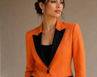 Women's Orange Tailored Blazer and Pants Suit, Elegant Office Wear