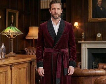 Luxury Burgundy Velvet Smoking Robe for Men, Quilted Shawl Collar Dressing Gown, Handmade Gentleman Lounge Robe, Classic  Smoking Jacket
