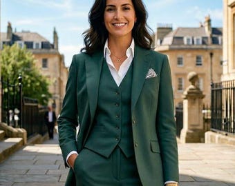 Women Green 3 Piece Suit – Tailored Slim Fit Blazer, Vest, Pants Office Wear