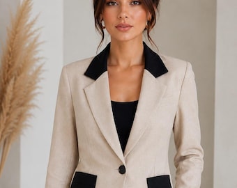 Beige Pantsuit Set, 2 Piece Blazer and Trousers, Black Lapel Office Suit