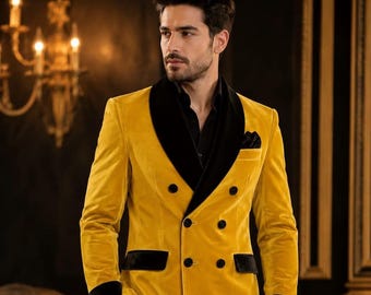 Luxury Men's Yellow Velvet Smoking Jacket Coat, Double Breasted Long Velvet Blazer, Black Shawl Lapel Tuxedo Coat, Wedding Groom Jacket,