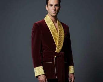 Luxury Burgundy Velvet Smoking Jacket for Men – Gold Quilted Shawl Collar Robe, Designer Evening Blazer, Wedding & Party Wear Statement Coat