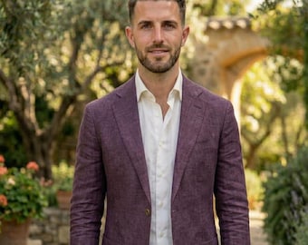 Traje de lino color ciruela de 2 piezas para hombre, corte ajustado, ideal para bodas de verano.