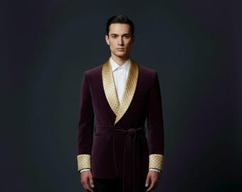 Luxury purple Velvet Smoking Jacket for Men – Gold Quilted Shawl Lapel Blazer with Belt, Designer Evening Dinner Jacket, Wedding  Party Wear